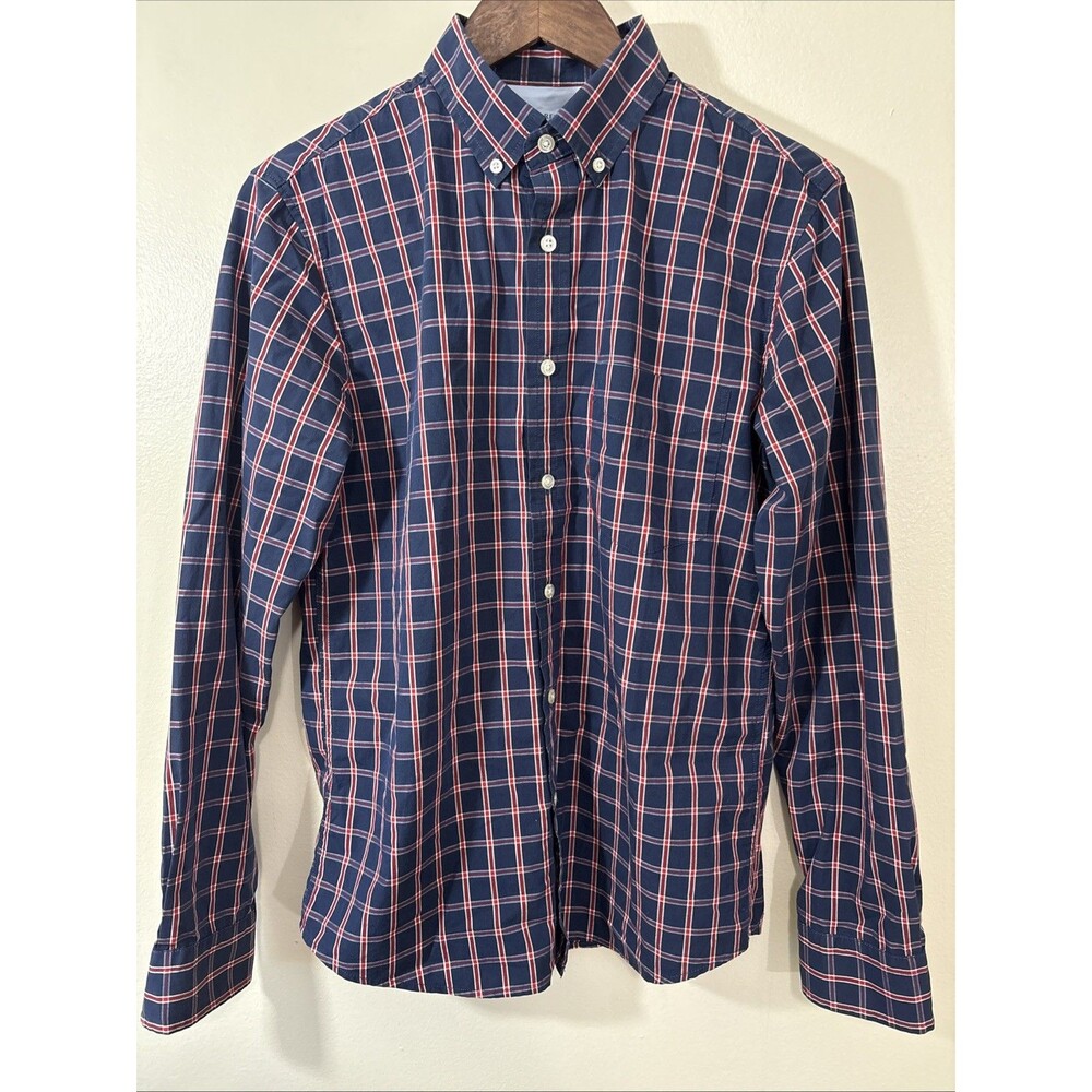 Banana Republic Luxe Poplin Shirt Mens Small Untucked Slim Fit Pattern Print Blu